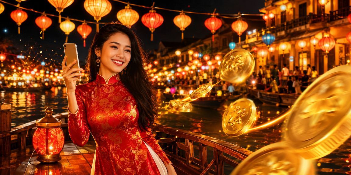 Người dùng tại Hội An sử dụng điện thoại di động truy cập nền tảng casino trực tuyến với áo dài truyền thống
