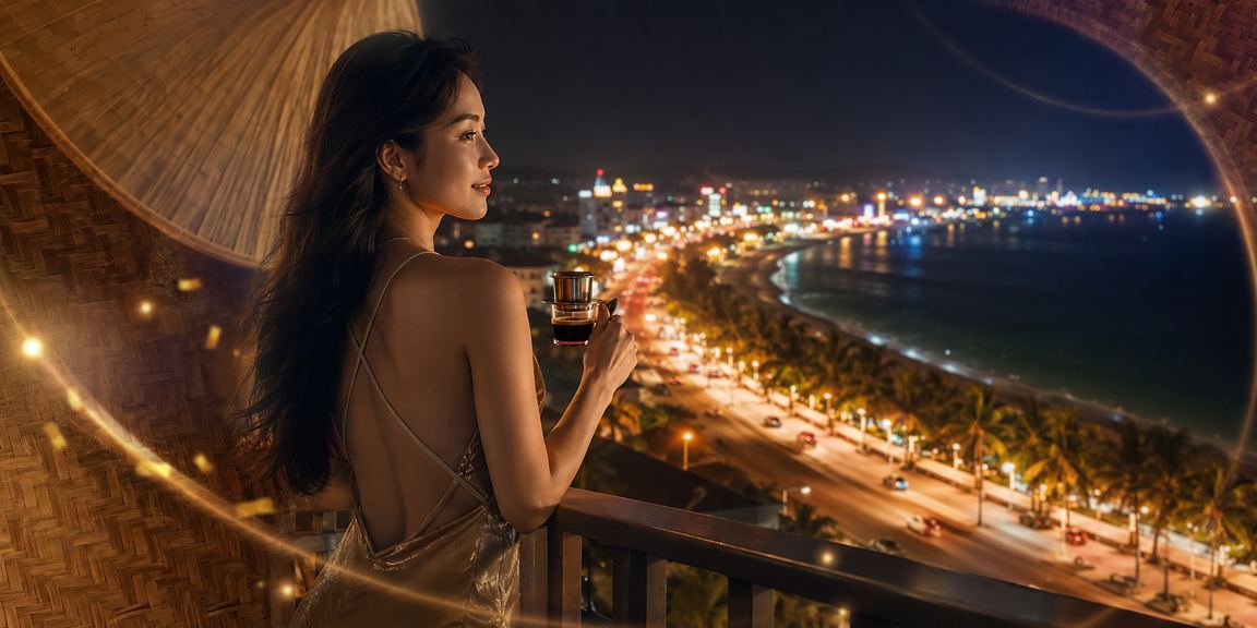 Phụ nữ đội nón lá tại Phan Thiết dùng điện thoại xem kèo thể thao